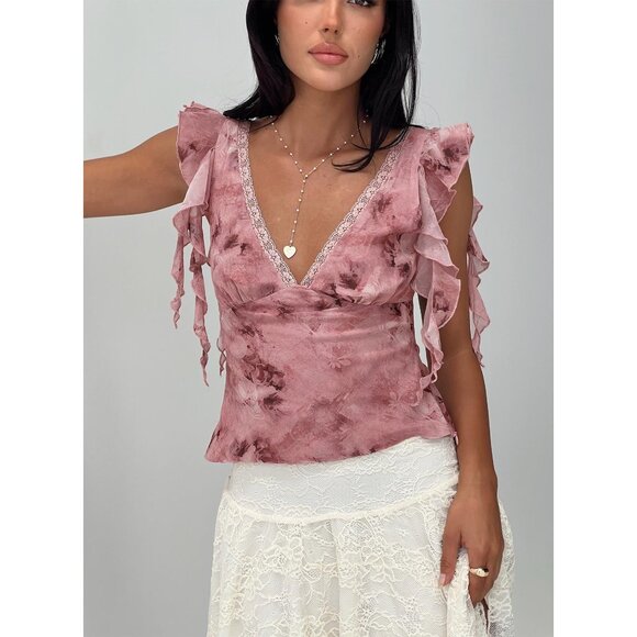 Princess Polly Pink Floral Ruffle V-Neck Top Size4 Cami Y2k - Picture 1 of 8